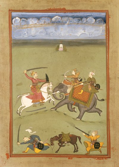 एक राजकुमार एक हाथी पर अपने दुश्मनों से लड़ते हुए, c.1710 द्वारा इंडियन स्कूल