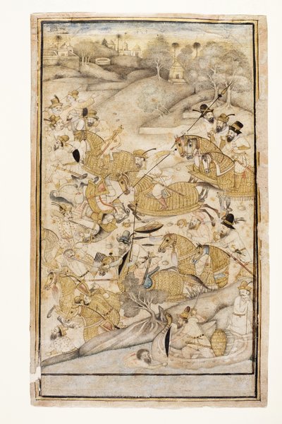 यूरोपियों द्वारा लड़ी गई एक लड़ाई, c.1700 (कागज पर अपारदर्शी wc और सोना) द्वारा इंडियन स्कूल