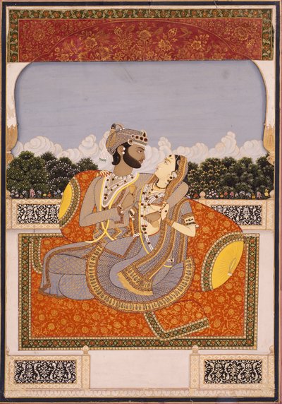 छत पर एक युगल गले लगाता है, c.1835 (अपारदर्शी wc, लाह, सोना और कागज पर कांच) द्वारा इंडियन स्कूल