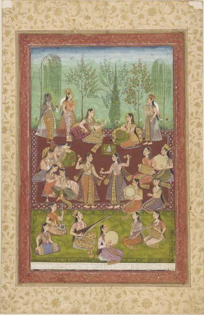एक बगीचे में महिलाओं का एक समूह, जो खुद को संगीत और नृत्य (कागज पर रंग और सोना) के साथ मनोरंजन करता है द्वारा इंडियन स्कूल