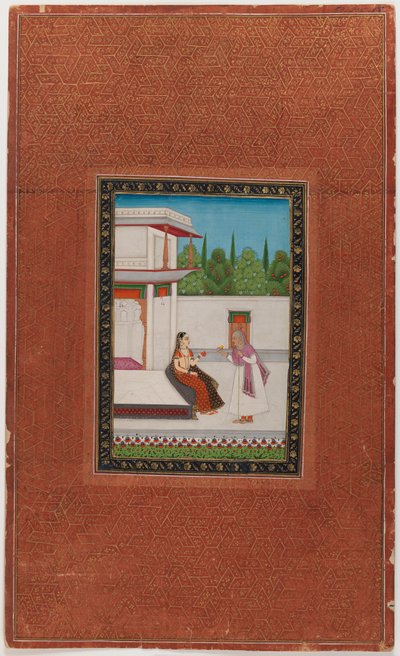 एक महिला और उसका बुजुर्ग नौकर, 1875-1900 (कागज पर अपारदर्शी wc और सोना) द्वारा इंडियन स्कूल