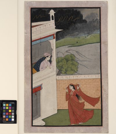 एक महिला बारिश के मौसम में अपने प्रेमी के घर आती है, c.1830 (कागज पर अपारदर्शी w - c और सोना) द्वारा इंडियन स्कूल