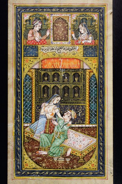 एक आदमी शानदार सेटिंग, राजस्थानी लघु चित्रकला में एक महिला को अदालत करता है द्वारा इंडियन स्कूल