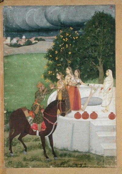 एक घुड़सवार राजकुमार एक कुएं में महिलाओं से पानी प्राप्त करता है, मुर्शिदाबाद से लघु, c.1760 (कागज पर गौचे) द्वारा इंडियन स्कूल