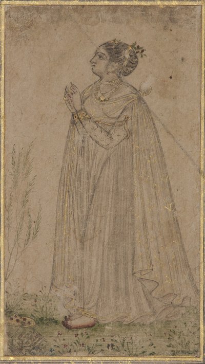 एक राजकुमारी सूर्य की पूजा करती है, c.1600 (कागज पर अपारदर्शी wc और सोना) द्वारा इंडियन स्कूल