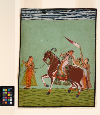 तीन परिचारिकाओं के साथ घोड़े पर एक महिला, c.1735 (कागज पर अपारदर्शी जल रंग) द्वारा इंडियन स्कूल