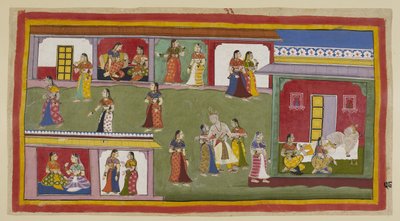 15296 (1) f.58r जोड़ें, राजा को उसकी रानियों द्वारा उसके महल में वापस जाने में मदद की जाती है। वह कैकेयी को अस्वीकार कर देता है, उसे महल में विधवा के रूप में रहने के लिए कहता है क्योंकि वह उसे फिर से नहीं देखना चाहता है, और कौशल्या और सुमित्रा द्वारा उसे ब द्वारा इंडियन स्कूल