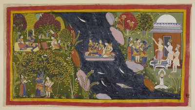 15296 (1) f.69r जोड़ें, भारद्वाज, अपने आश्रम में दाईं ओर, यात्रियों को चित्रकूट के रास्ते की सलाह देते हैं। बीच में, वे एक तात्कालिक बेड़ा पर यमुना पार करते हैं, सीता सुरक्षित वापसी के लिए नदी की देवी से फिर से प्रार्थना करती हैं, और दूसरी तरफ़, वे एक नाव  द्वारा इंडियन स्कूल