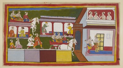 15296 (1) f.85r जोड़ें, राजकुमार अपने रथ पर अयोध्या की मुख्य सड़क से गुजरते हैं, शहर में आए बदलाव पर आश्चर्य करते हैं, और फिर सवालिया इशारों के साथ महल में प्रवेश करते हैं। एक ऊपरी कमरे में, एक ब्राह्मण और तीन मंत्री मिलते हैं। द्वारा इंडियन स्कूल