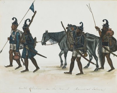 मार्च में अकाली सिख, c.1850 (कागज पर अपारदर्शी जल रंग) द्वारा इंडियन स्कूल