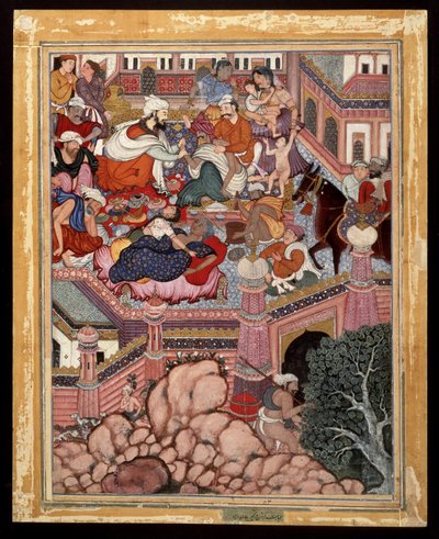 अमृत, मजमहिल सर्जन के रूप में प्रच्छन्न, एंटाली के जादूगर पर caackes अभ्यास, ca 1570 (अपारदर्शी जल रंग और कपास पर सोना) द्वारा इंडियन स्कूल