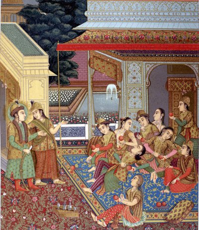 एक भारतीय हरम। एक मुगल लघुचित्र (16वीं और 17वीं शताब्दी के भारतीय लघु-कलाकारों का स्कूल) का चित्रण। द्वारा इंडियन स्कूल