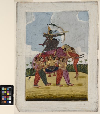 एक हाथी, सम्मिश्र, जो नाचती हुई महिलाओं से बना होता है, एक तीरंदाज के लिए एक माउंट के रूप में कार्य करता है, c.1825 (कागज पर अपारदर्शी जल रंग और सोना) द्वारा इंडियन स्कूल