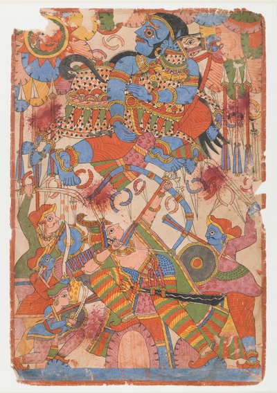 युद्ध में अर्जुन वीर पराक्रम, महाभारत श्रृंखला से, c.1830-50 (कागज पर स्याही और रंग) द्वारा इंडियन स्कूल