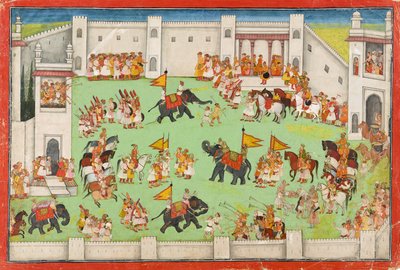 महल में दूल्हे का आगमन, रामायण से फोलियो, c.1640-1650 द्वारा इंडियन स्कूल