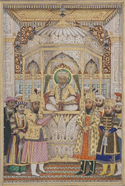 बहादुर शाह II दरबार में, c.1837 (कागज पर अपारदर्शी wc और सोना) द्वारा इंडियन स्कूल