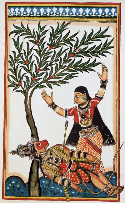 बाली एक तीर से मारा गया, उसके बगल में तारा उसकी पत्नी, अठारहवें लिथो। द्वारा इंडियन स्कूल