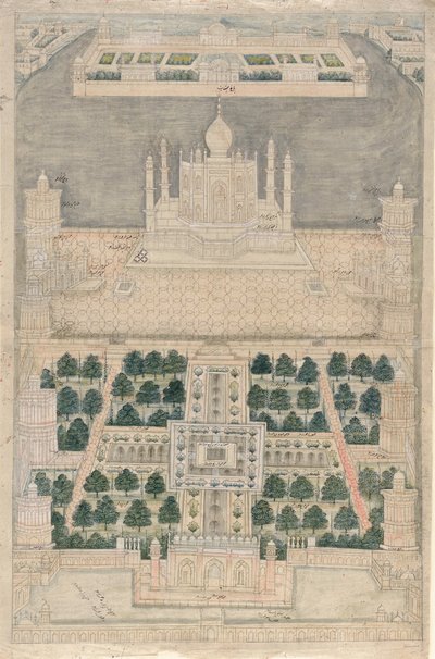 आगरा में ताजमहल पर बर्ड्स आई का दृश्य, 1790-1810 द्वारा इंडियन स्कूल