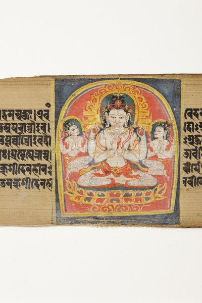 बोधिसत्व सदाक्षरी अवलोकितेश्वर और उपस्थित, c.1150-1200 (ताड़ की पत्ती पर अपारदर्शी wc और स्याही) द्वारा इंडियन स्कूल