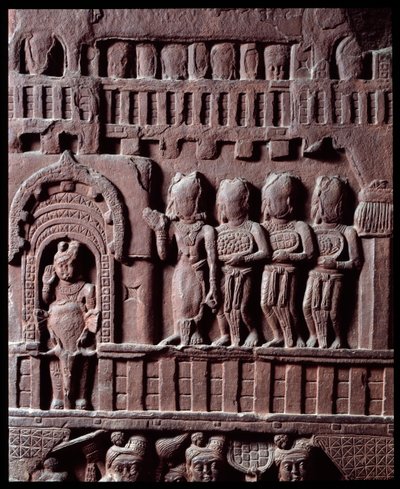 बौद्ध धर्म: "" मारा पर विजय का विवरण"" (मारा पर विजय) विस्तार से डु स्तूप दे भरहुत (बरहुत, बरौथ) काला पत्थर राहत, दूसरी शताब्दी ईसा पूर्व (दूसरी शताब्दी ईसा पूर्व) - कोलकाता, भारतीय संग्रहालय द्वारा इंडियन स्कूल