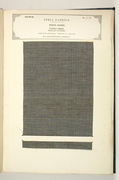 1866 में प्रकाशित जॉन फोर्ब्स वॉटसन द्वारा भारत के कपड़ा निर्माताओं के संग्रह से कपास की जाँच, मूसलीपटम, मद्रास, टुकड़ा का सामान द्वारा इंडियन स्कूल