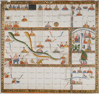 सांप और सीढ़ी के खेल के लिए डिजाइन, 1800 (कागज पर गौचे कपड़े पर चढ़कर) द्वारा इंडियन स्कूल