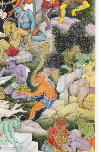वाइल्ड लैंडस्केप में राक्षसों से विस्तार, c.1600 (कागज पर अपारदर्शी wc और सोना) द्वारा इंडियन स्कूल