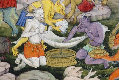 वाइल्ड लैंडस्केप में राक्षसों से विस्तार, c.1600 (कागज पर अपारदर्शी wc और सोना) द्वारा इंडियन स्कूल