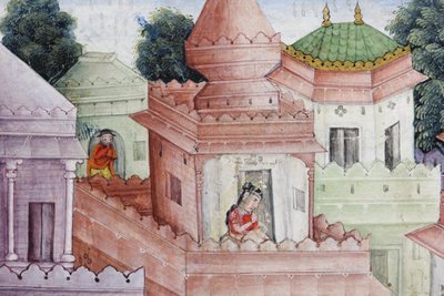 कृष्णा क्लीवेज द डिमन्स नरकासुर को अपने डिस्कस के साथ सी। 1585-90 (कागज पर अपारदर्शी wc और सोना) द्वारा इंडियन स्कूल