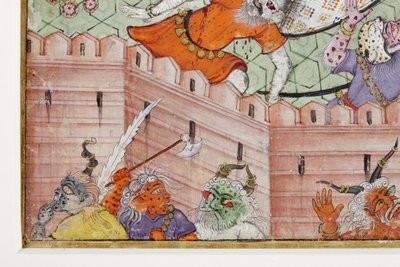कृष्णा क्लीवेज द डिमन्स नरकासुर को अपने डिस्कस के साथ सी। 1585-90 (कागज पर अपारदर्शी wc और सोना) द्वारा इंडियन स्कूल