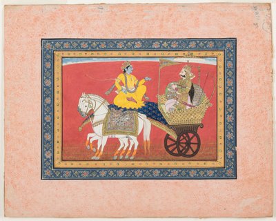 कुरुक्षेत्र के युद्ध के मैदान पर कृष्ण और अर्जुन के बीच संवाद, c.1820 (अपारदर्शी जल रंग और कागज पर सोना) द्वारा इंडियन स्कूल