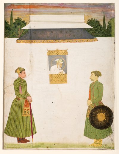 झरोखा खिड़की पर सम्राट औरंगजेब, अग्रभूमि में दो महानुभाव, c.1710 (कागज पर अपारदर्शी wc सोना) द्वारा इंडियन स्कूल