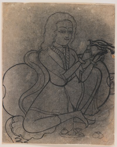 एक तोते को खाने वाली यूरोपीय लड़की, c.1780 (कागज पर स्याही, ट्रांसफर के लिए पोज़) द्वारा इंडियन स्कूल