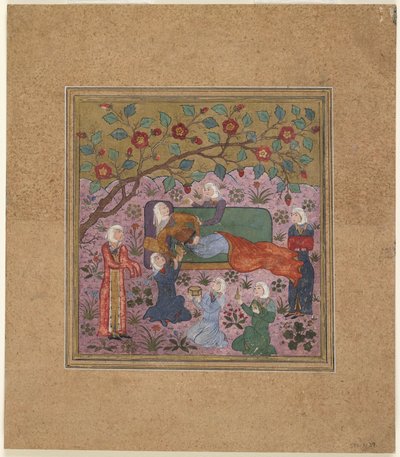 फिरदौसी द्वारा एक शाहनामा (किंग्स की पुस्तक) का फोलियो (d.1020); अटेन्डेंट (ऑपेक वॉटरकलर, स्याही और कागज पर सोना) से घिरी एक पुनर्जीवित महिला द्वारा इंडियन स्कूल