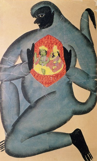 1880 में पटुआ जाति के एक सदस्य द्वारा चित्रित हनुमान ने राम और सीता को अपने दिल में रखा द्वारा इंडियन स्कूल