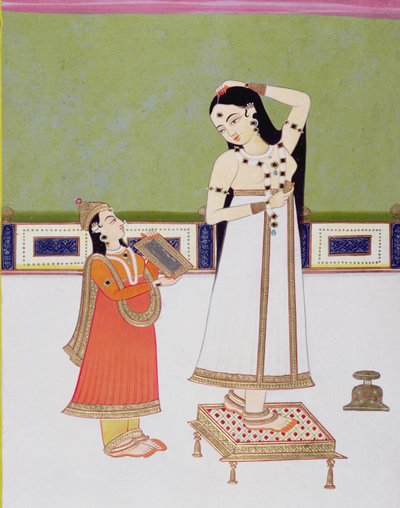 भारतीय महिला अपने शौचालय में खुद को एक दर्पण में देख रही है (कागज पर गौचे और सोने की पत्ती) द्वारा इंडियन स्कूल