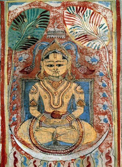 जैन धर्म (जिनवाद): एक पैगंबर जैन (आध्यात्मिक नेता) का प्रतिनिधित्व। भद्रबाहु द्वारा ""कल्पसूत्र"" से पाण्डुलिपि पृष्ठ (433-357 ईसा पूर्व) 1453 पेरिस, बीएन द्वारा इंडियन स्कूल