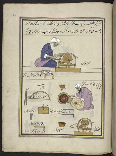 जौहरी रत्नों को चमकाते हुए, कश्मीर में व्यापार और व्यवसायों को दर्शाने वाले 86 चित्रों को एक जिल्द में बांधा गया है, शिल्पकारों को उनके औजारों और उपकरणों के साथ काम करते हुए दिखाया गया है, किसी कश्मीरी कलाकार द्वारा, संभवतः श्रीनगर में, लगभग 1850-60 (कागज़ द्वारा इंडियन स्कूल