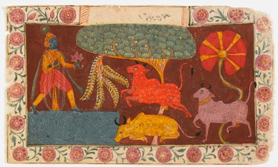 कृष्ण और गायों को एक तालाब में, एक भागवत पुराण (कागज पर अपारदर्शी wc) से द्वारा इंडियन स्कूल