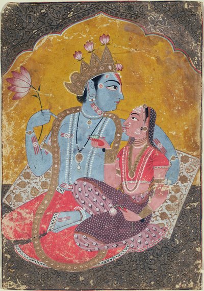 कृष्णा और राधा, c.1690-1700 (कागज़ पर उभरा सोना के साथ अपारदर्शी wc) द्वारा इंडियन स्कूल