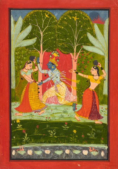 कृष्ण गोपियों से एक टोल वसूलते हैं, c.1660 द्वारा इंडियन स्कूल