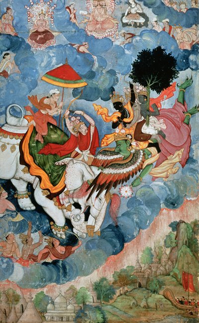 इंद्र के साथ कृष्ण युद्ध करते हैं, c.1590 द्वारा इंडियन स्कूल