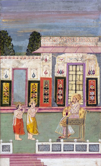 महाराजा सवाई जय सिंह ने दो ताज पहने हुए लोगों का अभिवादन किया। c735 (कागज पर अपारदर्शी wc और सोना) द्वारा इंडियन स्कूल