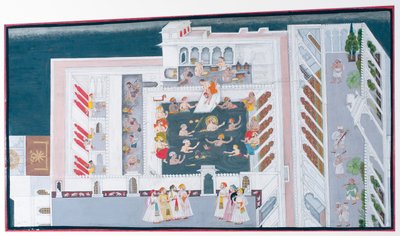 महाराणा जगत सिंह II एक महल के पूल में संघर्ष करते हैं, c.1746-50 (कागज पर अपारदर्शी wc और सोना) द्वारा इंडियन स्कूल