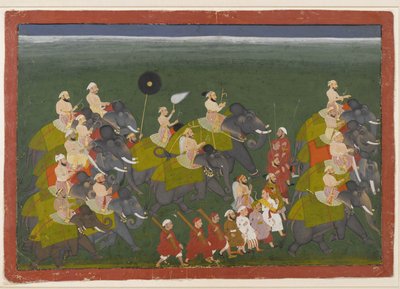 मेवाड़ के महाराणा संग्राम सिंह एक हाथी जुलूस में सवार, उदयपुर, राजस्थान, c.1730-40 (कागज पर अपारदर्शी wc और सोना) द्वारा इंडियन स्कूल