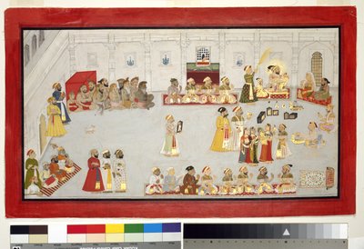 महाराणा संग्राम सिंह अपने बच्चों और अदालतों के साथ, c.1715 (कागज पर अपारदर्शी wc और सोना, एक एल्बम पृष्ठ पर घुड़सवार) द्वारा इंडियन स्कूल