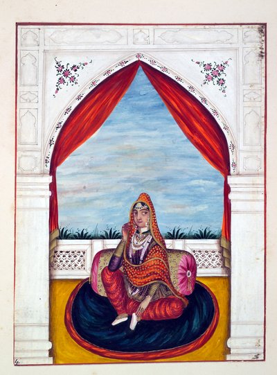 महारानी चंद कौर, पंजाब के साम्राज्य से, इसके शासकों और प्रमुखों, खंड I, एक अज्ञात भारतीय कलाकार द्वारा 27 वॉटरकलर अध्ययन की मात्रा, c.1840 (कागज पर wc) द्वारा इंडियन स्कूल