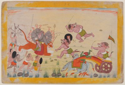 महासुर ने देवी पर हमला किया, एक बिखरी हुई देवी महात्म्य श्रृंखला से फोलियो, c.1770-80 (कागज पर लिखा) द्वारा इंडियन स्कूल