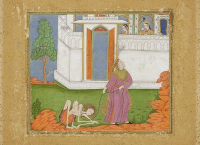 मजनूं को एक अपमानजनक स्थिति में बदल दिया गया है, c.1700 (कागज पर अपारदर्शी wc और सोना) द्वारा इंडियन स्कूल