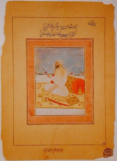 सैफ खान का लघु चित्र, आगरा के गवर्नर, भारतीय, c.1670-80 (बफ पेपर पर अपारदर्शी खनिज वर्णक) द्वारा इंडियन स्कूल
